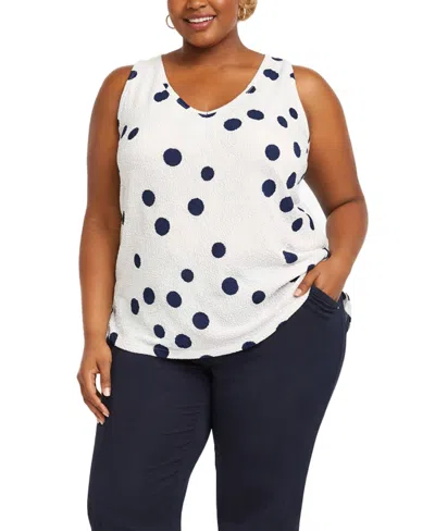 Coin 1804 Plus Size Polka Dot Crinkle Knit Double V-neck Tank In White