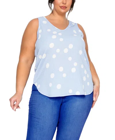 Coin 1804 Plus Size Polka Dot Crinkle Knit Double V-neck Tank In Blue