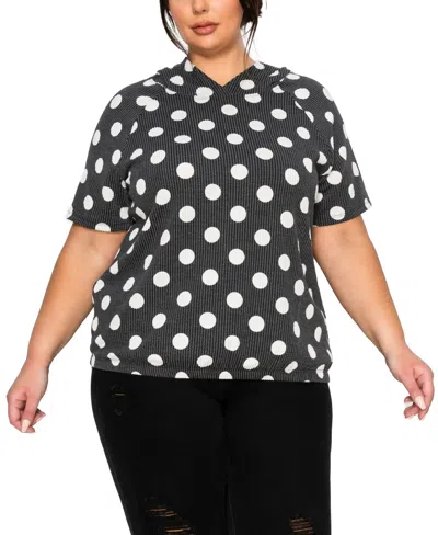 Coin 1804 Plus Size Polka Dot Double Knit Hoodie Short Sleeve Elastic Hem Top In Black
