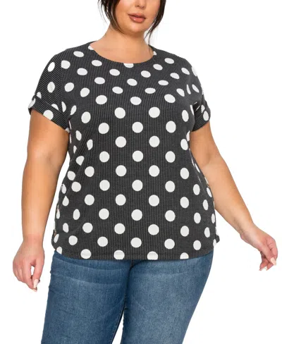 Coin 1804 Plus Size Polka Dot Double Knit Rolled Sleeve Side Button Top In Black
