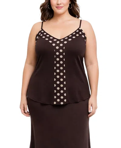 Coin 1804 Plus Size Polka Dot Mesh Panel Cami Top In Brown