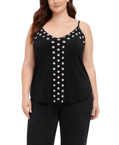 Coin 1804 Plus Size Polka Dot Mesh Panel Cami Top In Black