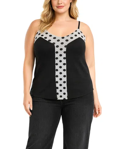 Coin 1804 Plus Size Polka Dot Mesh Panel Cami Top In Black