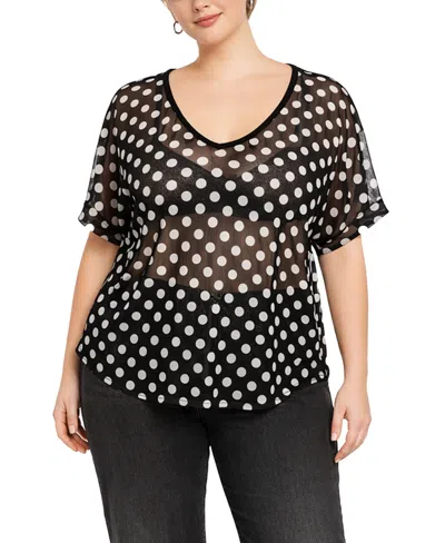 Coin 1804 Plus Size Polka Dot Mesh Rolled Sleeve Top In Black