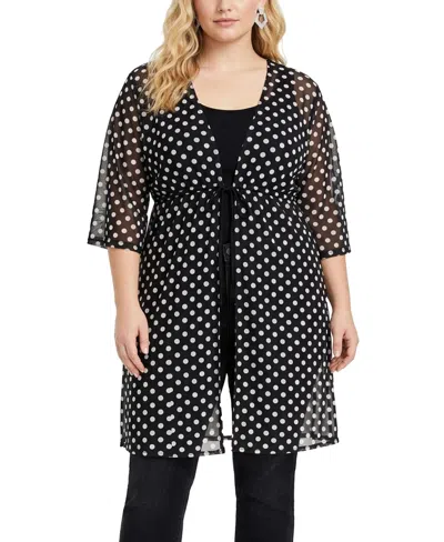 Coin 1804 Plus Size Polka Dot Mesh Tie-front Coverup Top In Black