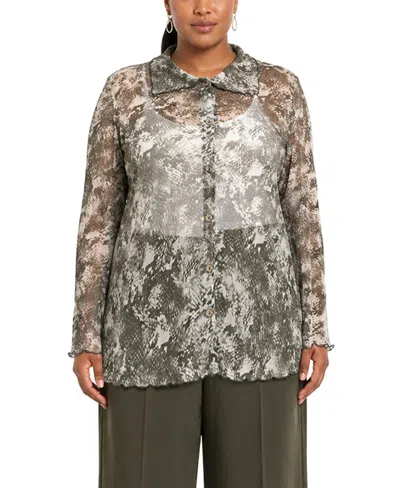 Coin 1804 Plus Size Python Mesh Button-front Shirt In Gray