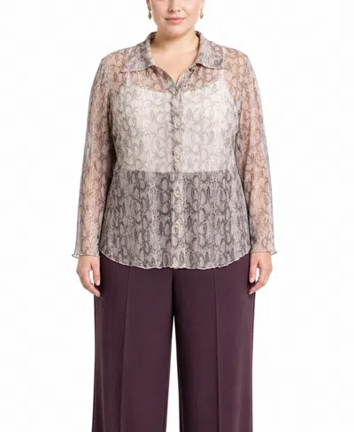 Coin 1804 Plus Size Python Mesh Button-front Shirt In Pink