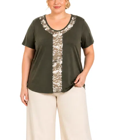 Coin 1804 Plus Size Python Mesh Inset Short-sleeve Top In Green