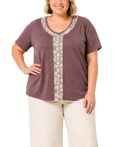Coin 1804 Plus Size Python Mesh Inset V-neck Top In Purple
