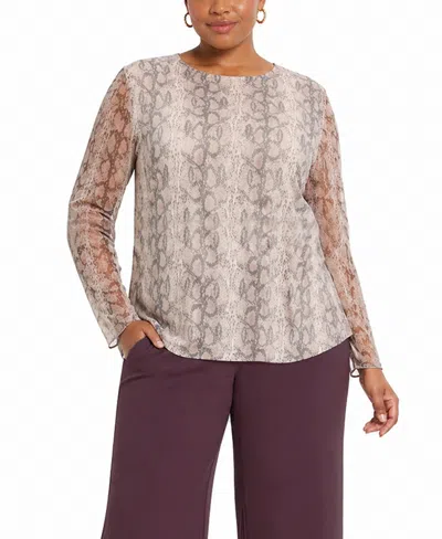 Coin 1804 Plus Size Python Mesh Long-sleeve Top In Neutral