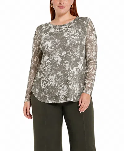 Coin 1804 Plus Size Python Mesh Scoop Neck Top In Green