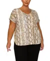 Coin 1804 Plus Size Python Rolled Short Sleeve Top In Brown