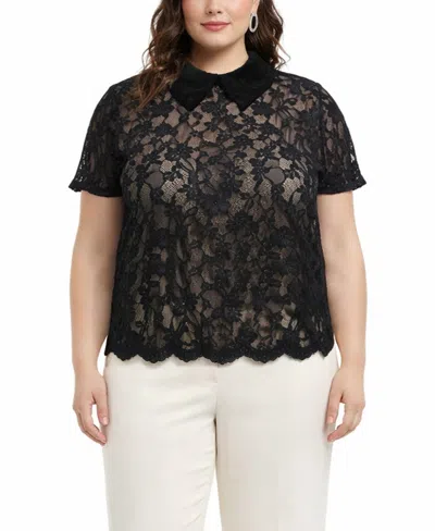 Coin 1804 Plus Size Scallop Edge Lace Collar Short-sleeve Top In Black