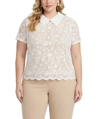 Coin 1804 Plus Size Scallop Edge Lace Collar Short-sleeve Top In White