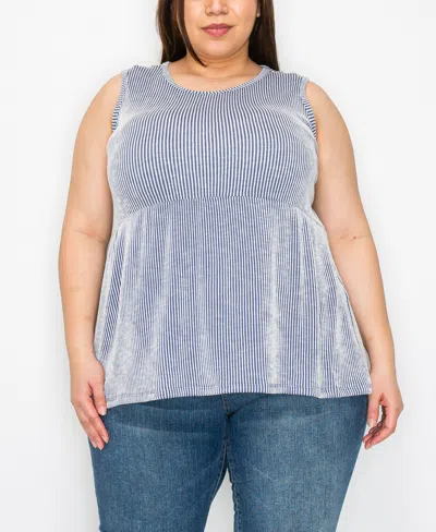 Coin 1804 Plus Size Span Rail Textured Stripe Baby Doll Tank Top In Denim Ivory