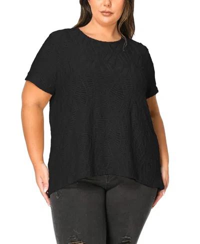 Coin 1804 Plus Size Spiral Wave Texture Short Sleeve Button Back Top In Black