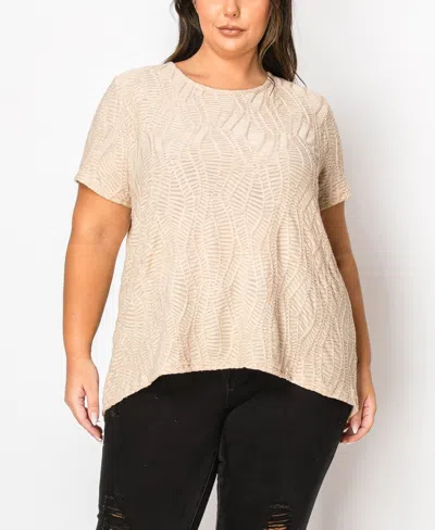 Coin 1804 Plus Size Spiral Wave Texture Short Sleeve Button Back Top In Taupe