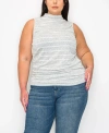 COIN 1804 PLUS SIZE TEXTURED JACQUARD STRIPE MOCK NECK SIDE RUCHED TANK TOP
