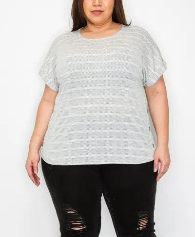 Coin 1804 Plus Size Textured Jacquard Stripe Scoopneck Top In Grey Ivory
