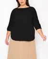 Coin 1804 Plus Size Textured Rib Button Shoulder 3/4 Sleeve Top In Black