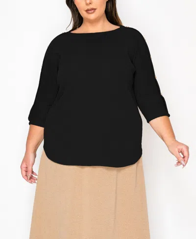 Coin 1804 Plus Size Textured Rib Button Shoulder 3/4 Sleeve Top In Black