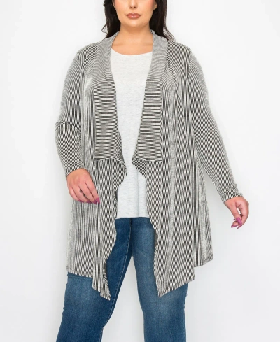 Coin 1804 Plus Size Textured Rib Flyaway Cardigan Sweater In Black Ivory
