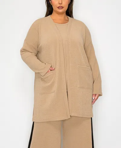 Coin 1804 Plus Size Textured Rib Front Pocket Side Slit Cardigan Sweater In Taupe