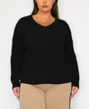 Coin 1804 Plus Size Textured Rib Front Seam Dolman Long Sleeve Top In Black