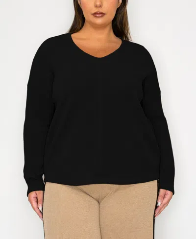 Coin 1804 Plus Size Textured Rib Front Seam Dolman Long Sleeve Top In Black