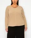 Coin 1804 Plus Size Textured Rib Front Seam Dolman Long Sleeve Top In Taupe