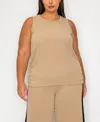Coin 1804 Plus Size Textured Rib Side Rushed Scoop Neck Tank Top In Taupe