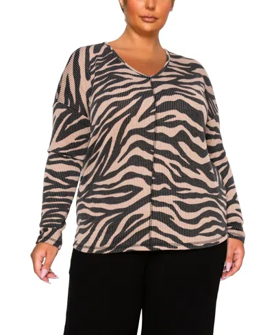 Coin 1804 Plus Size Textured Zebra V Neck Dolman Top In Animal Print