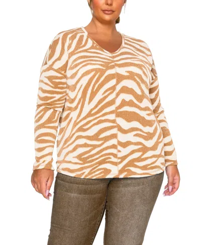 Coin 1804 Plus Size Textured Zebra V Neck Dolman Top In Brown