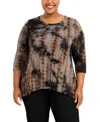 Coin 1804 Plus Size Tie Dye Cozy Button Back 3/4 Sleeve Top In Brown