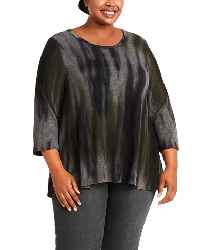 Coin 1804 Plus Size Tie Dye Cozy Button Back Top In Black