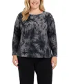 Coin 1804 Plus Size Tie Dye Cozy Button Shoulder Long Sleeve Top In Black
