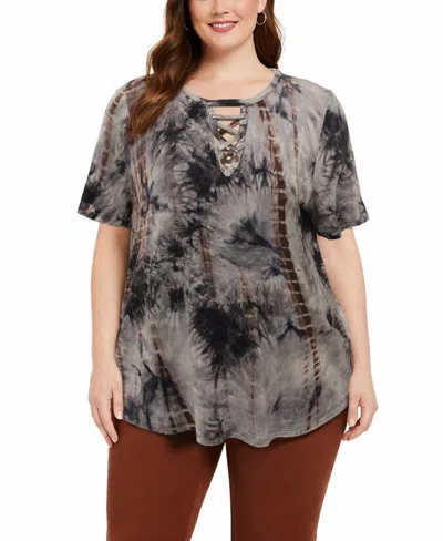 Coin 1804 Plus Size Tie Dye Lace Up Short-sleeve Top In Gray