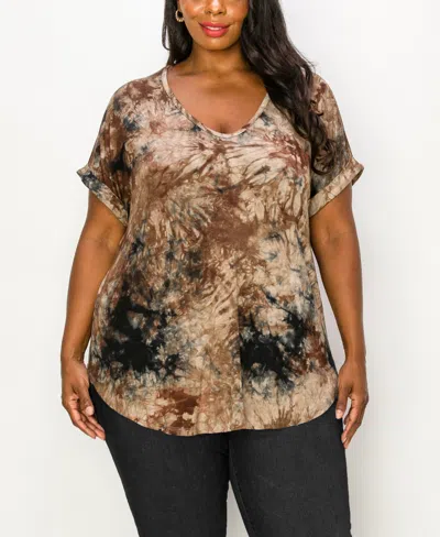 Coin 1804 Plus Size Tie Dye V-neck Rolled Short Sleeve Top In Mocha Black