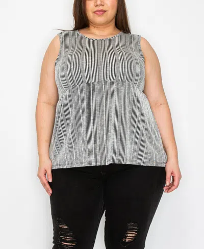 Coin 1804 Plus Size Variegated Textured Stripe Baby Doll Tank Top In Black Ivory