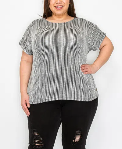 Coin 1804 Plus Size Variegated Textured Stripe Scoopneck Top In Black Ivory