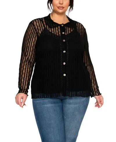 Coin 1804 Plus Size Vertical Floral Stripe Lace Button Front Shirt In Black