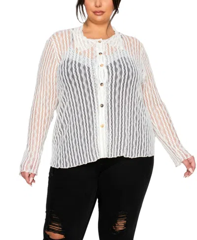 Coin 1804 Plus Size Vertical Floral Stripe Lace Button Front Shirt In White