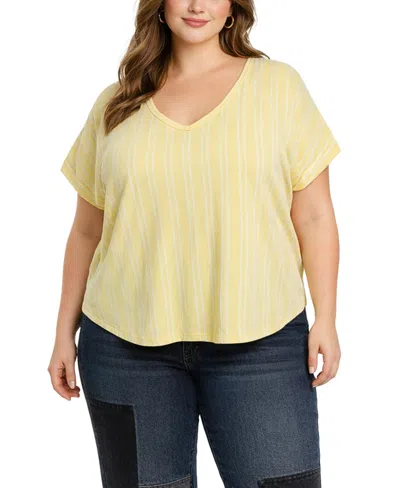 Coin 1804 Plus Size Vertical Stripe Rolled Sleeve Top In Yellow