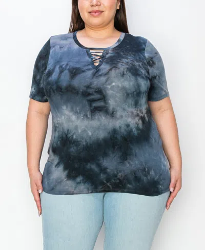 Coin 1804 Plus Tie Dye Lace Up Short Sleeve Top In Teal Grey