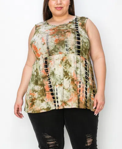 Coin 1804 Plus Tie Dye Peplum Sleeveless Top In Taupe Olive Peach