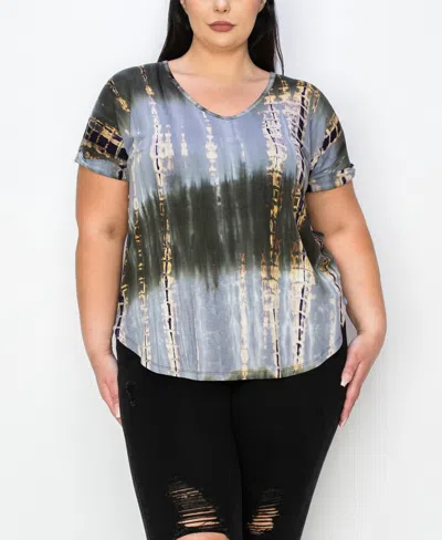 Coin 1804 Plus Tie Dye V-neck Dolman Roll Short Sleeve Top In Olive Grey Eggplant