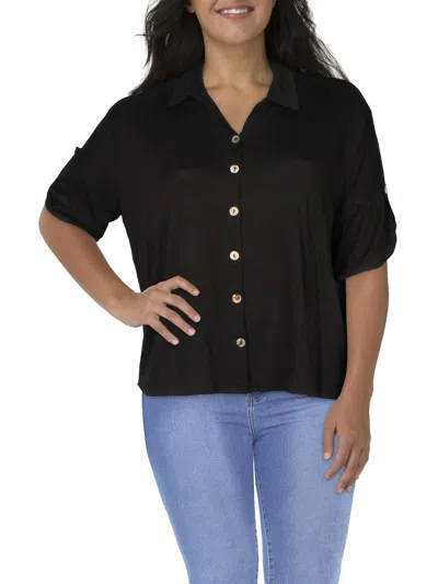 Coin 1804 Plus Womens Collared Short Sleeve Button-down Top In Black