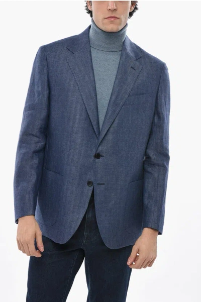 Colamarino Linen Side Vents Notch Lapel 2-button Blazer In Blue
