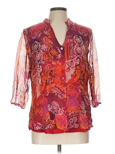 Pre-owned Coldwater Creek 3/4 Sleeve Silk Top Burgundy Plunge Neckline Tops
