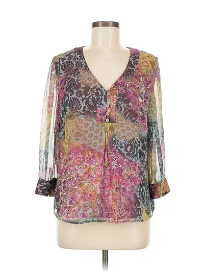 Pre-owned Coldwater Creek 3/4 Sleeve Silk Top Purple Plunge Neckline Tops